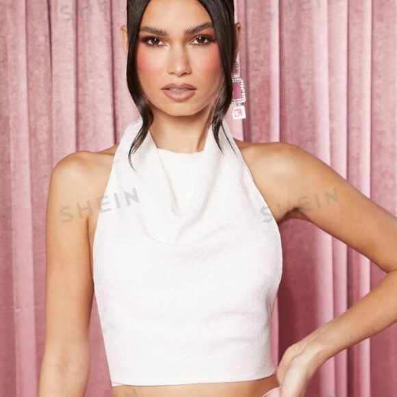 Draped Front Backless Knot Back Crop Halter Top - Picture 1 of 7